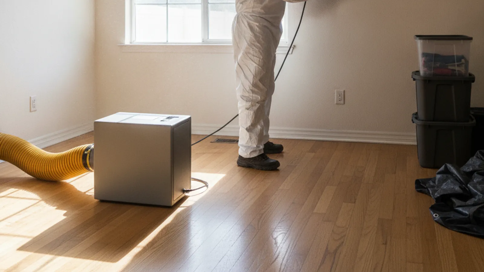 Fire restoration technician in PPE cleaning smoke damage in a Santa Clarita home